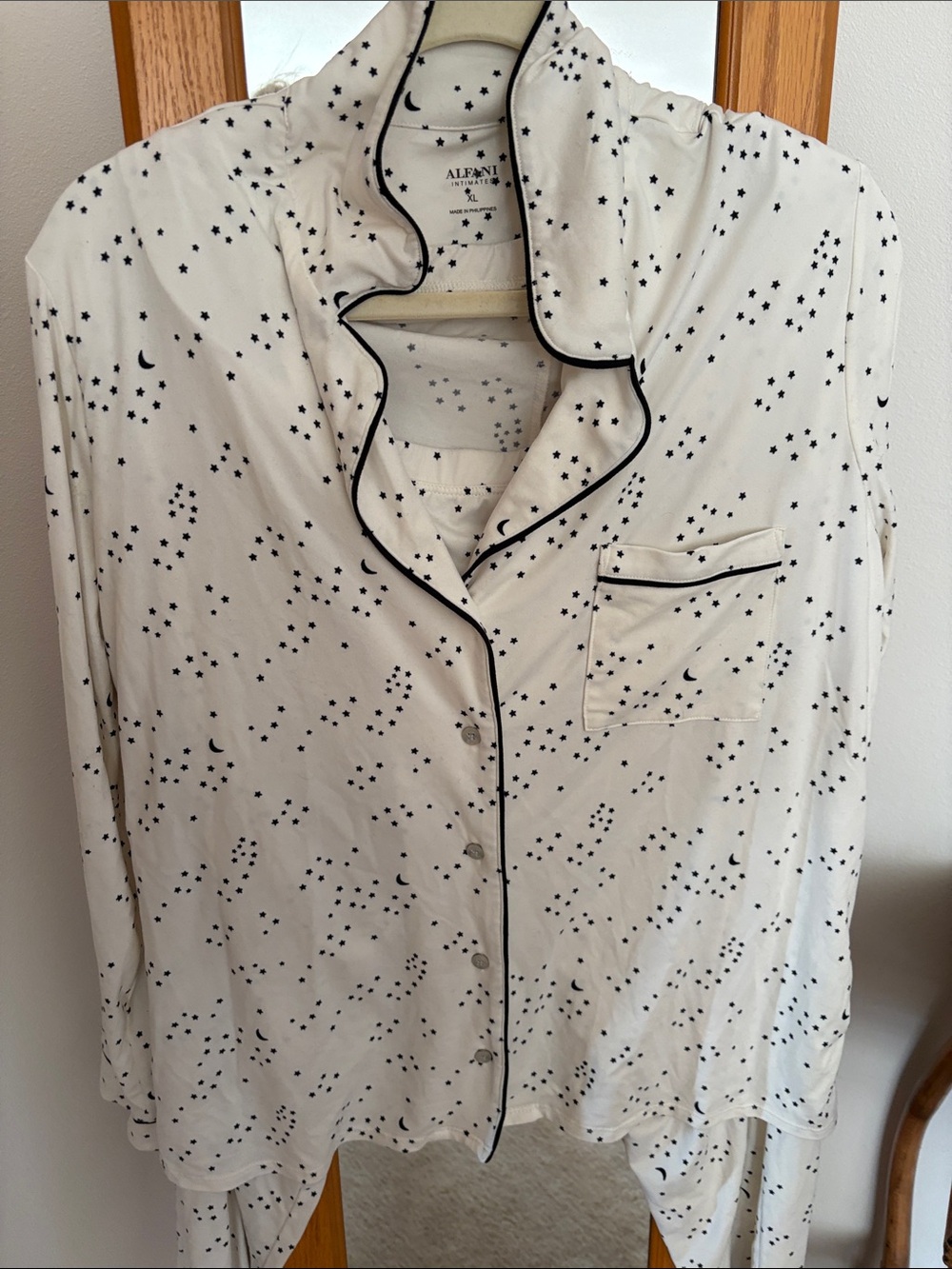 Alfani White Button-Down Star & Moon Print pajamas with Black Piping